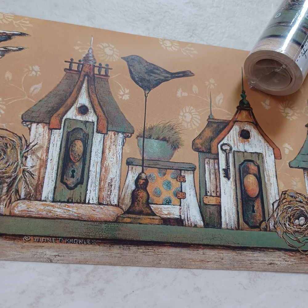 Wallpaper Border Country Wooden Birdhouses Knowles Teal 2 Rolls
